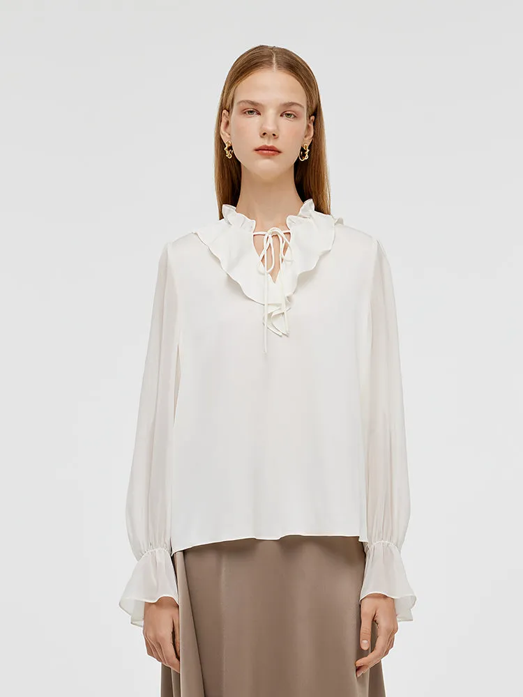 22 Momme Mulberry Silk Ruffle Collar Women Shirt