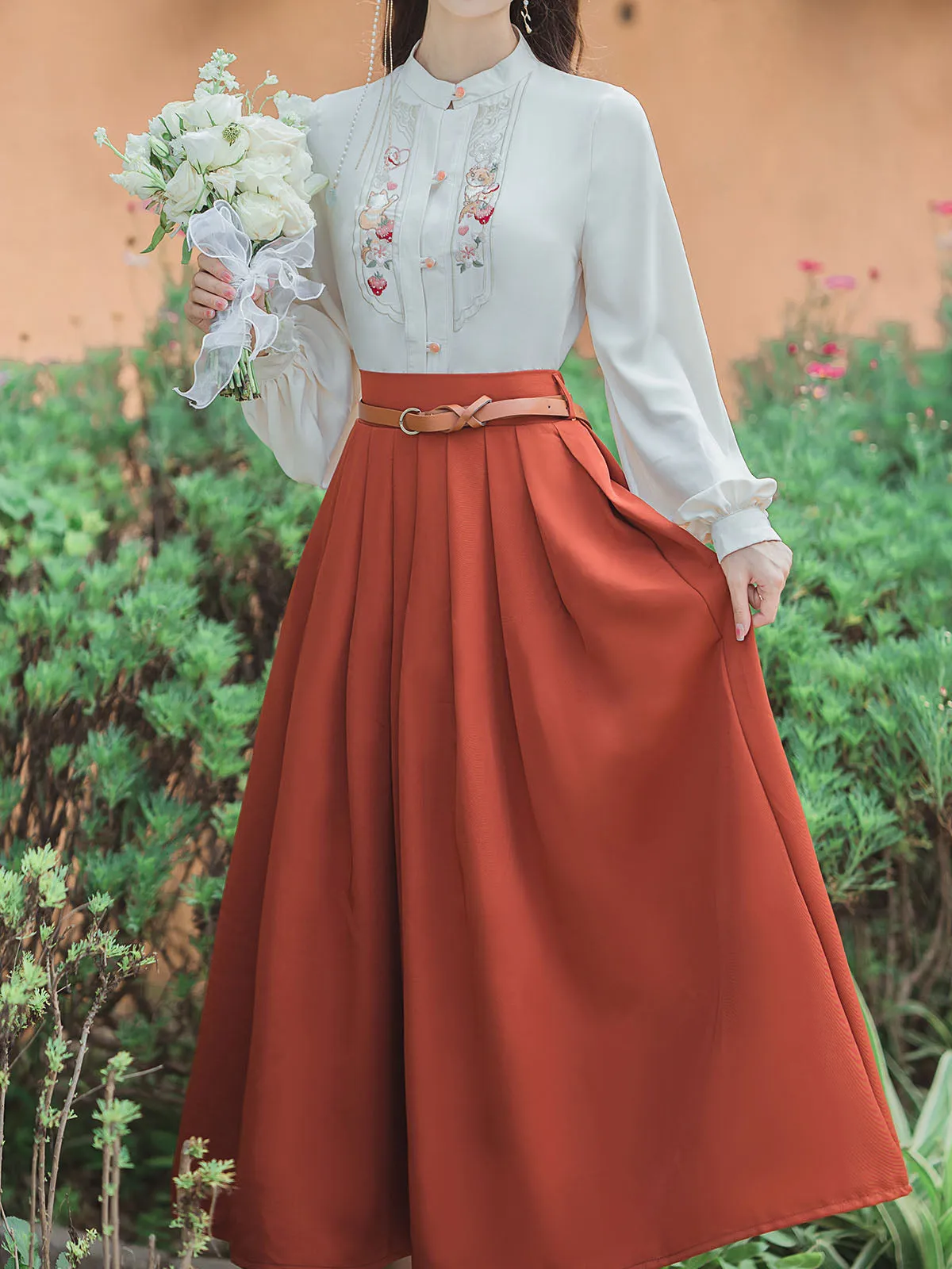 2PS 1950S White Cat Embroidered Long Sleeve Shirt And Orange Swing Skirt Suit