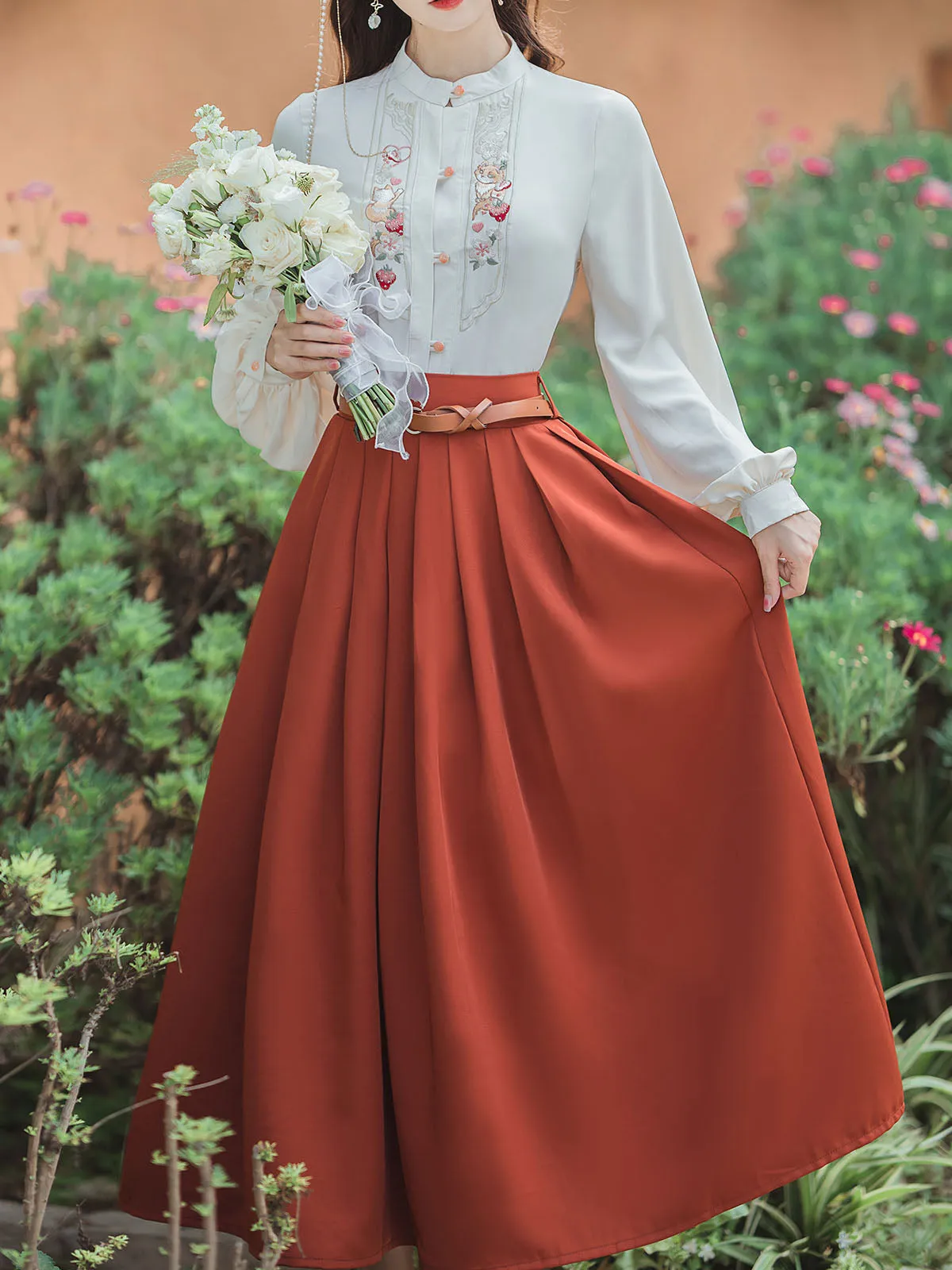 2PS 1950S White Cat Embroidered Long Sleeve Shirt And Orange Swing Skirt Suit