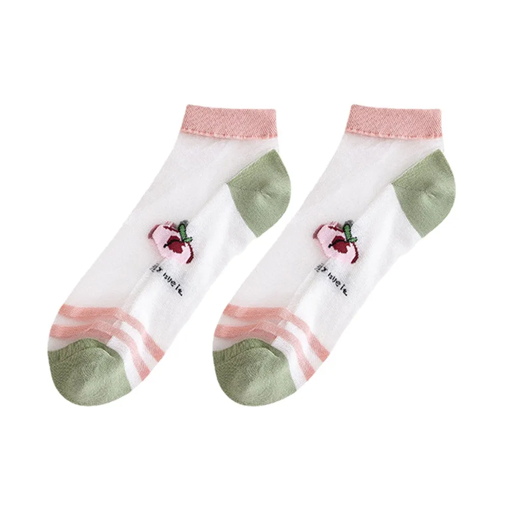 3 Pairs Women Cotton Glass Silk Peach Letters Stripes Pattern Jacquard Breathable Socks