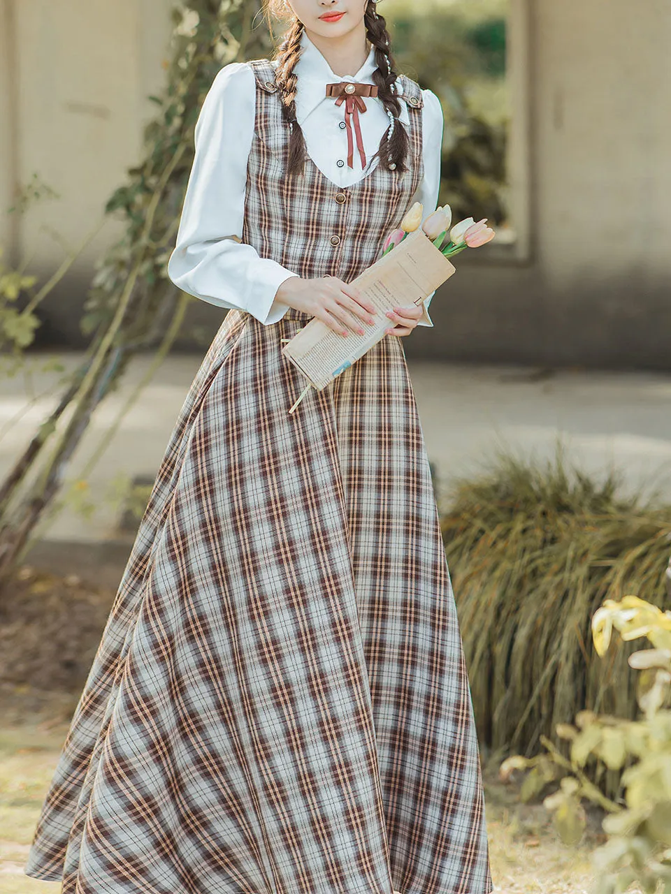 3PS White Long Sleeve Shirt With Brown Plaid Print Vest And Skirt Suits