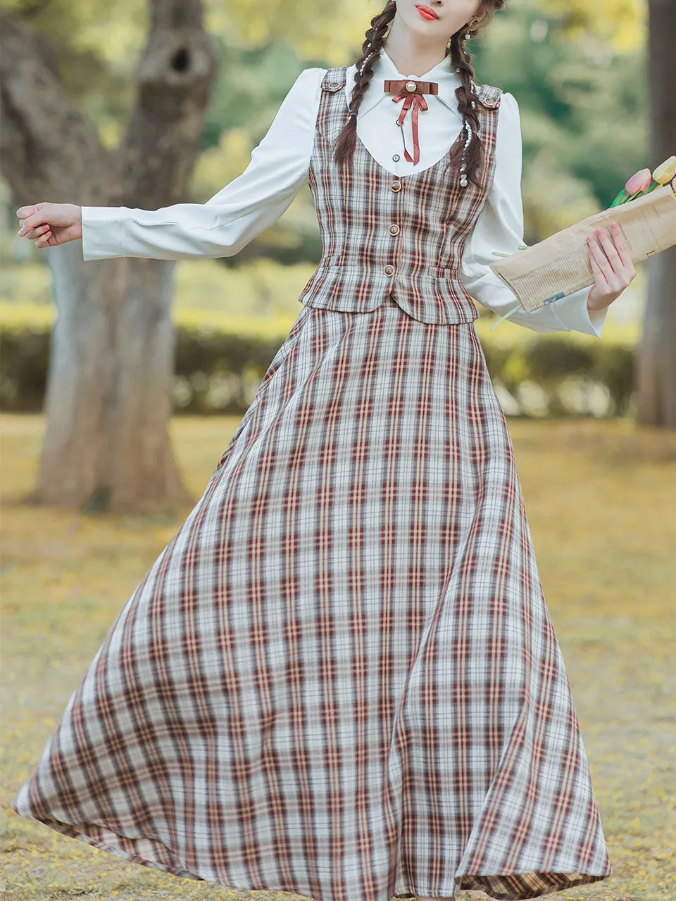 3PS White Long Sleeve Shirt With Brown Plaid Print Vest And Skirt Suits