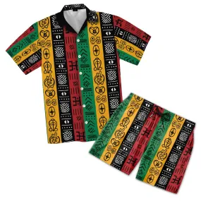 African Symbols in Pan African Colors Hawaiian Shirt and Shorts Set