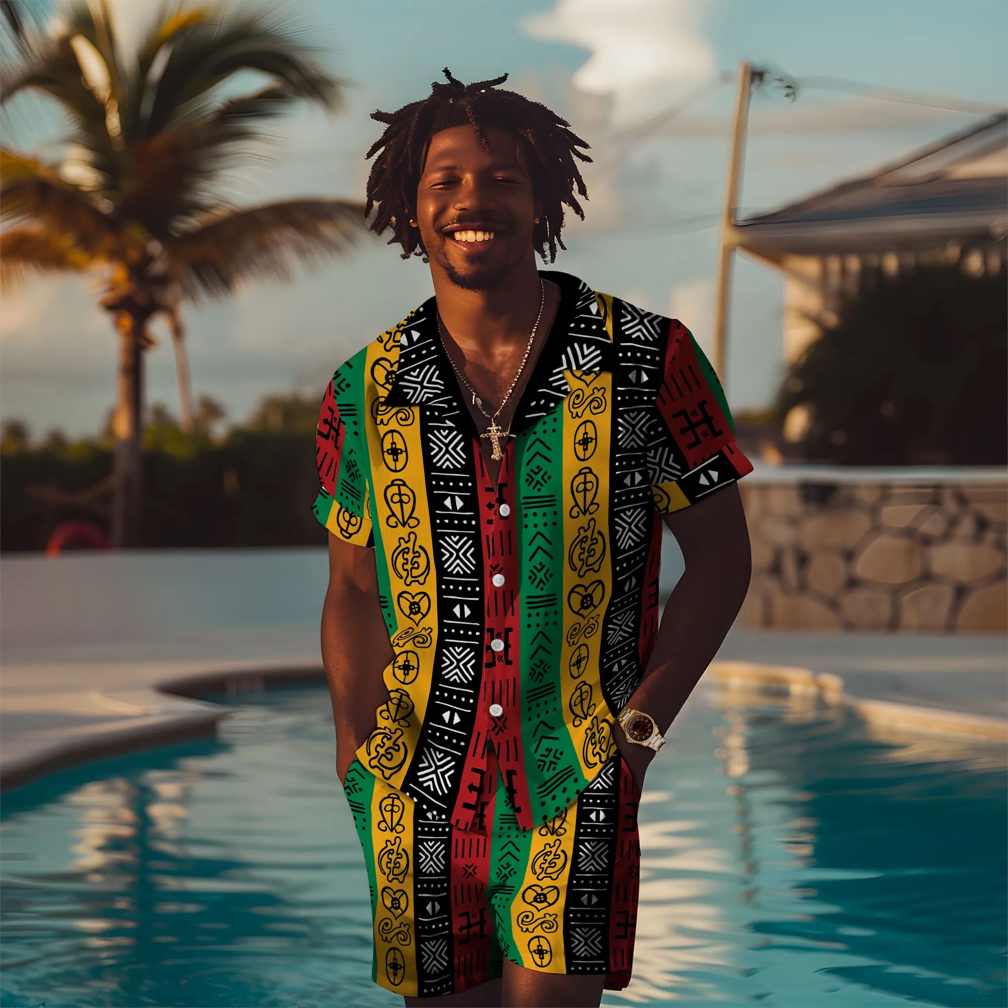 African Symbols in Pan African Colors Hawaiian Shirt and Shorts Set