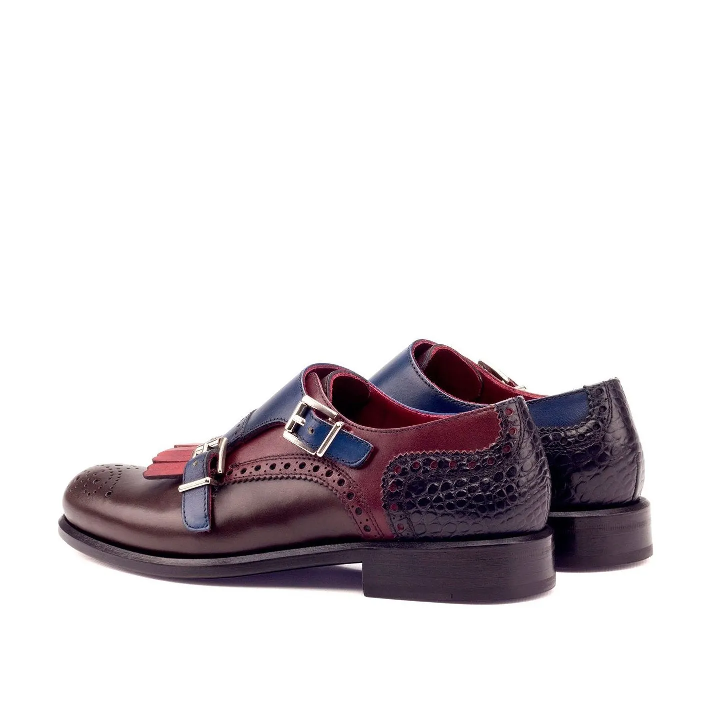 Ambrogio Bespoke Custom Women's Shoes Black, Burgundy, Red, Navy & Brown Crocodile Print / Calf-Skin Leather Kiltie Monk-Straps Loafers (AMBW1100)