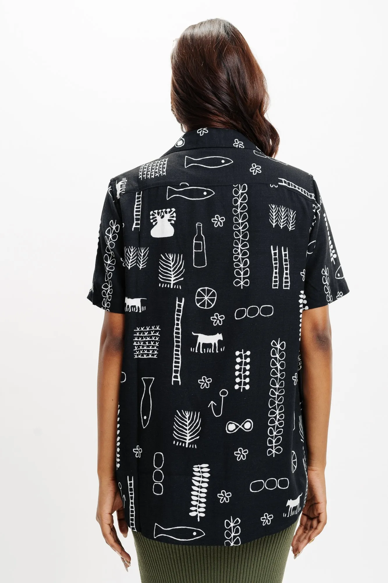 Aquatic Print Black Linen Shirt