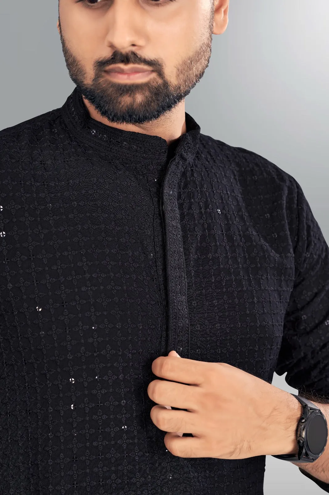 Beautiful Mens Chikankari Long Black Kurta