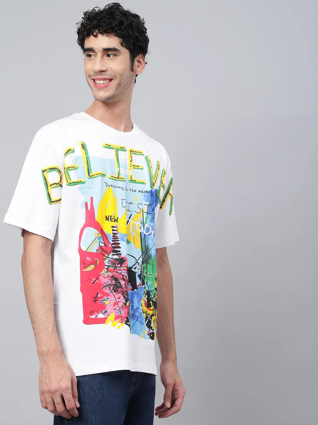 Believer White Oversized Front Graphic  Printed Tshirt(Free Size)