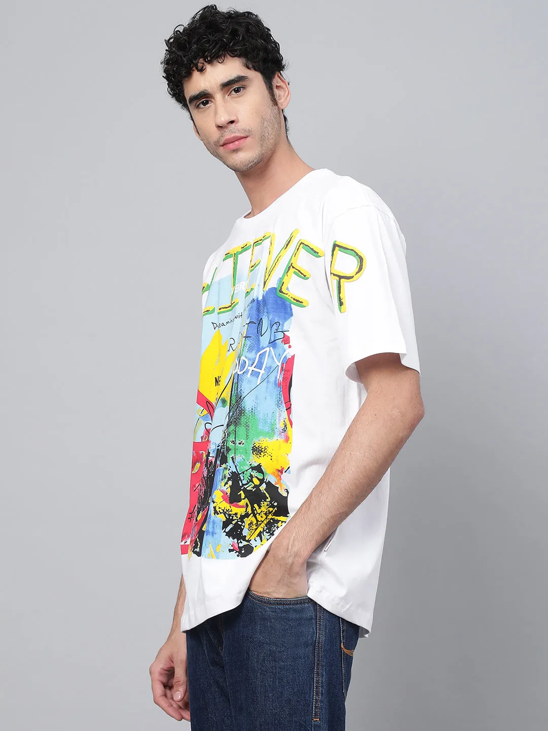 Believer White Oversized Front Graphic  Printed Tshirt(Free Size)