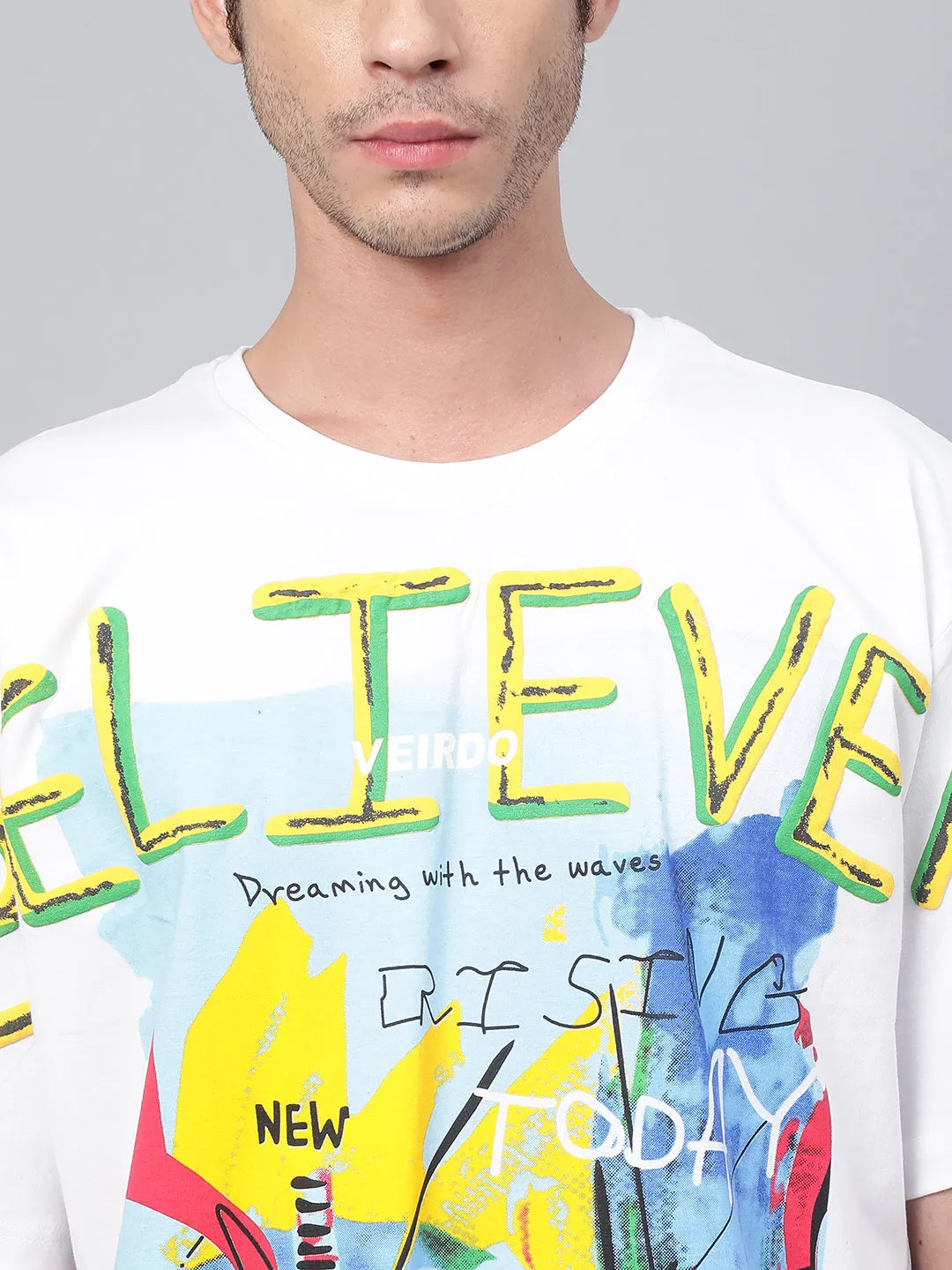 Believer White Oversized Front Graphic  Printed Tshirt(Free Size)