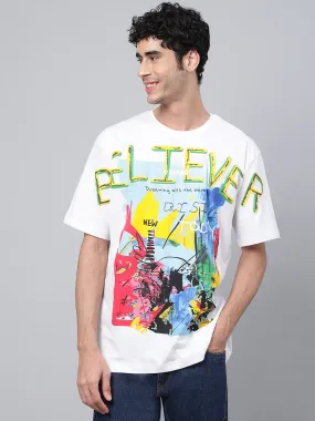 Believer White Oversized Front Graphic  Printed Tshirt(Free Size)