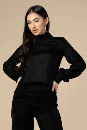 Black High Neck Flounce Sleeve Velvet Top For Women