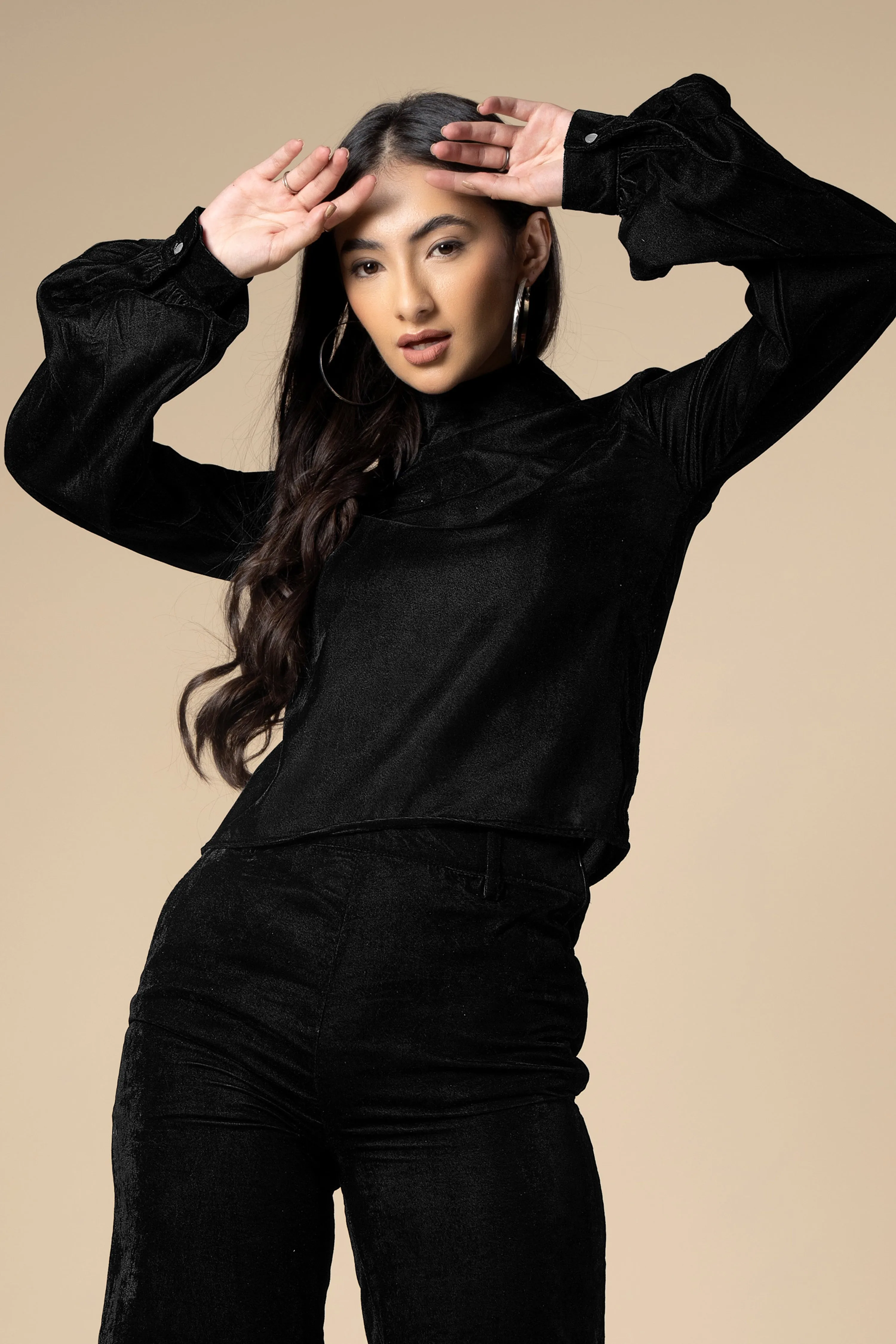 Black High Neck Flounce Sleeve Velvet Top For Women