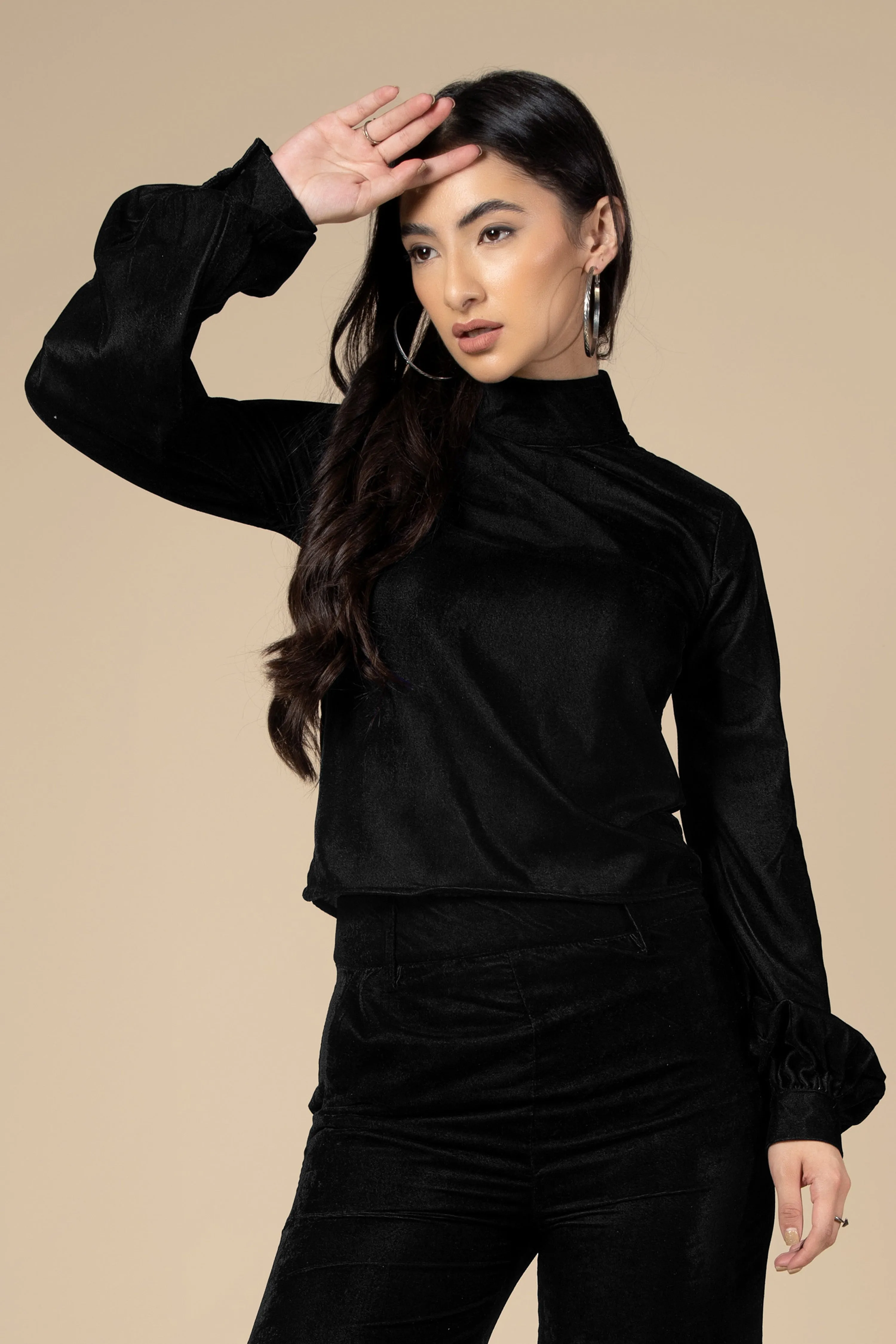 Black High Neck Flounce Sleeve Velvet Top For Women