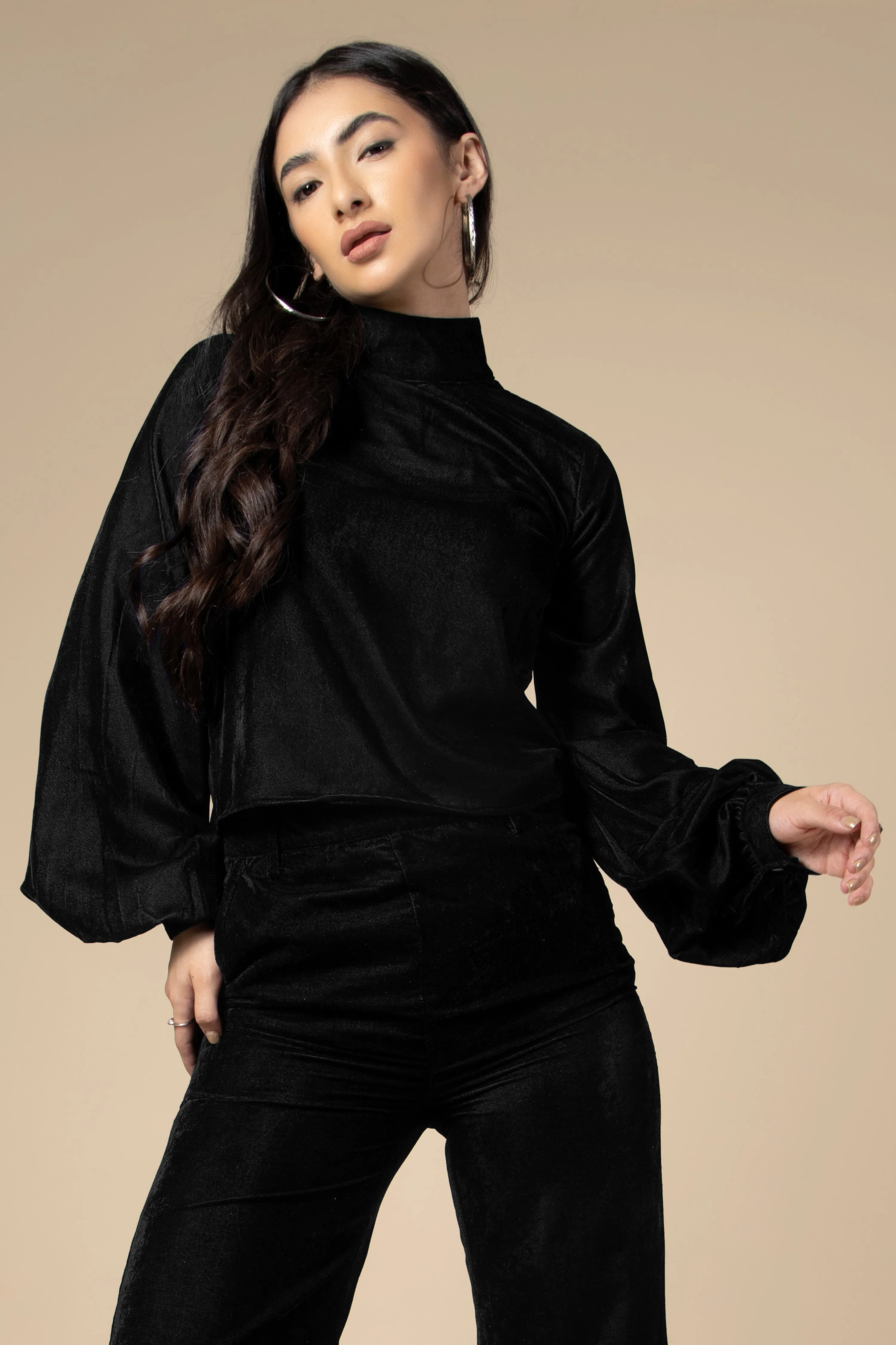 Black High Neck Flounce Sleeve Velvet Top For Women