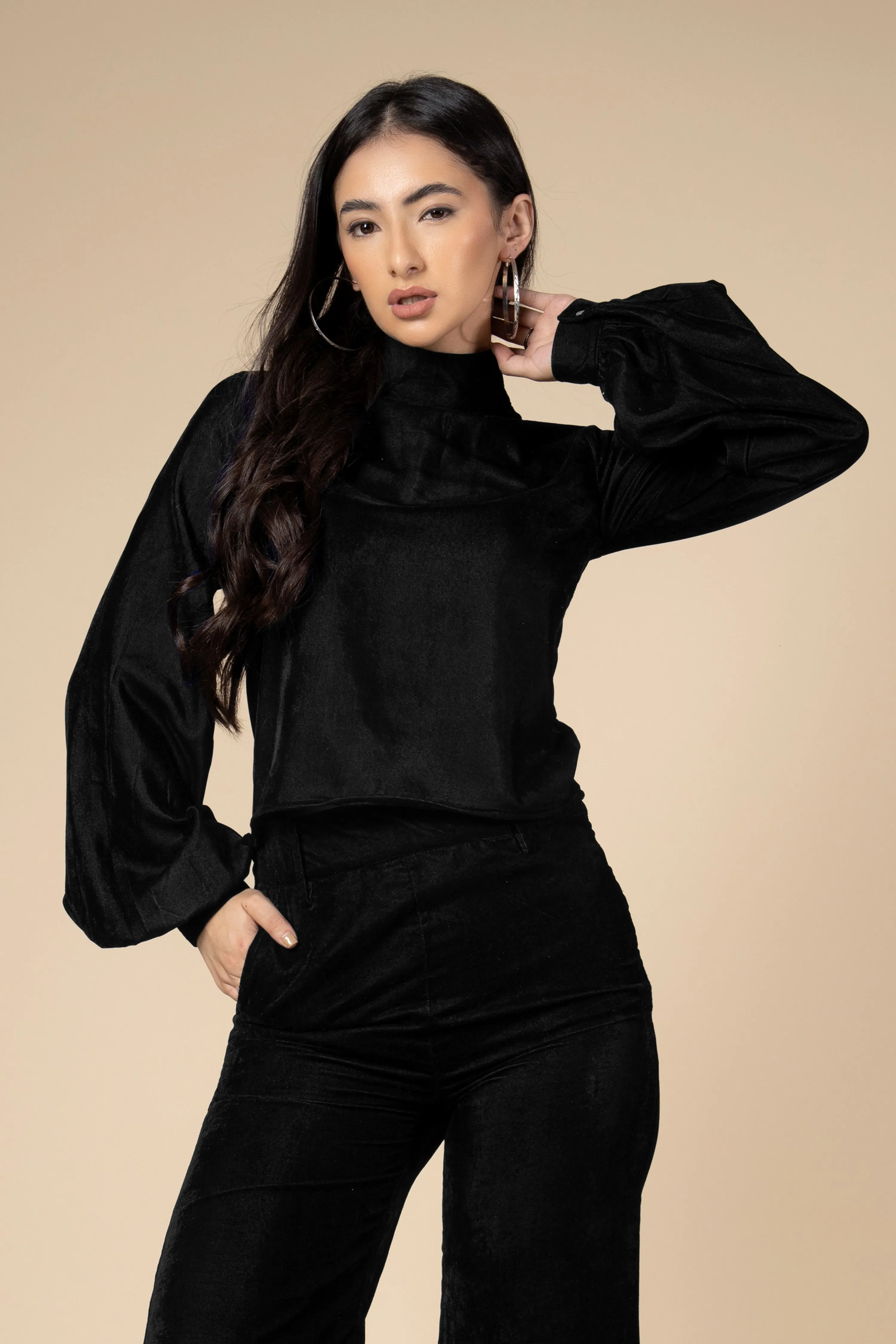 Black High Neck Flounce Sleeve Velvet Top For Women