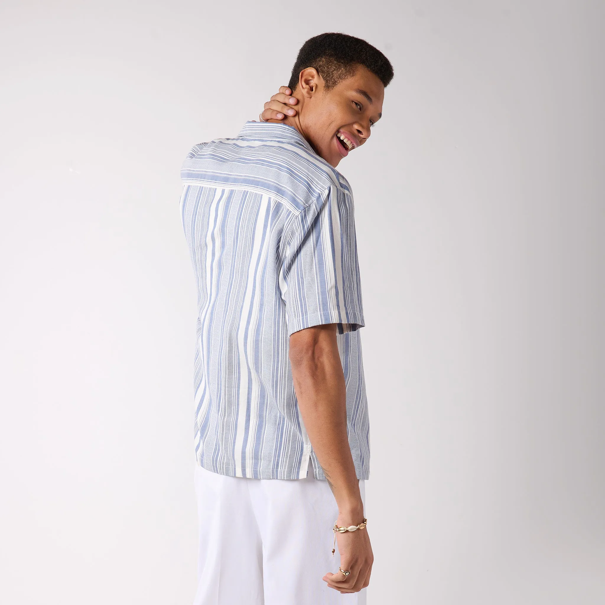 Blue Stripe Cotton Resort Shirt For Men