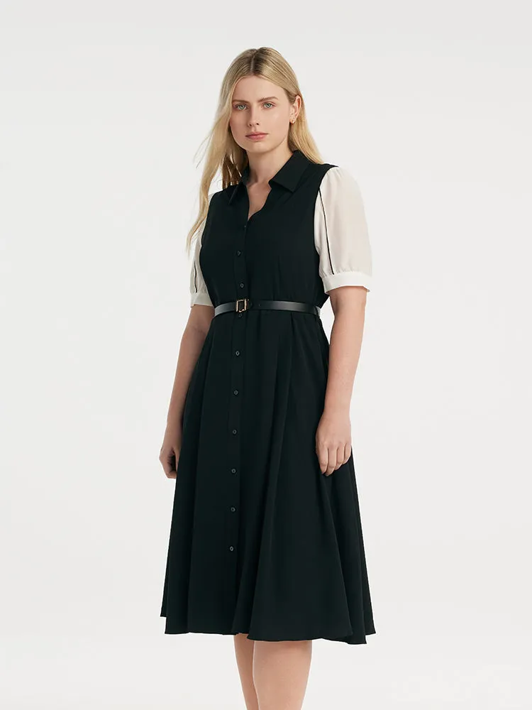 Commute Patchwork V-Neck Women Midi Shirt Dress With Belt