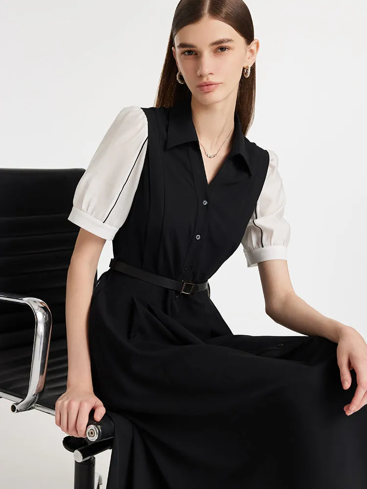 Commute Patchwork V-Neck Women Midi Shirt Dress With Belt