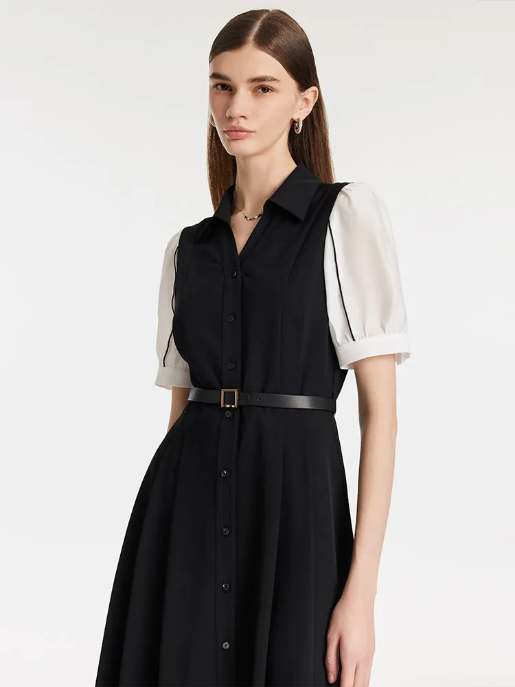 Commute Patchwork V-Neck Women Midi Shirt Dress With Belt