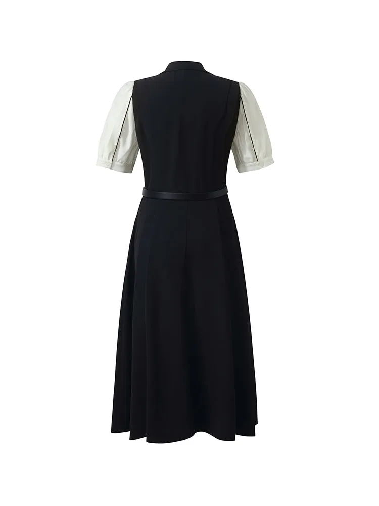 Commute Patchwork V-Neck Women Midi Shirt Dress With Belt