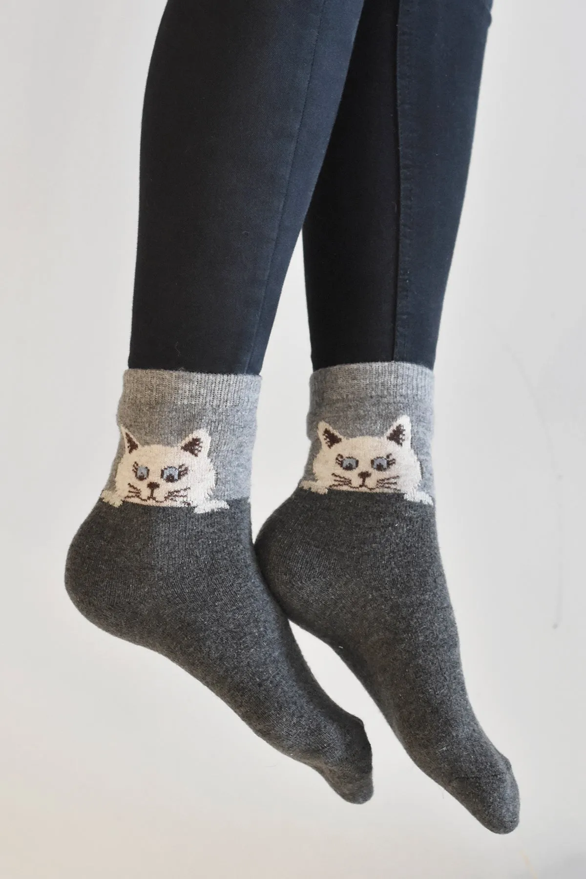 Cozy and Warm | Wool Socks | Grey Cat