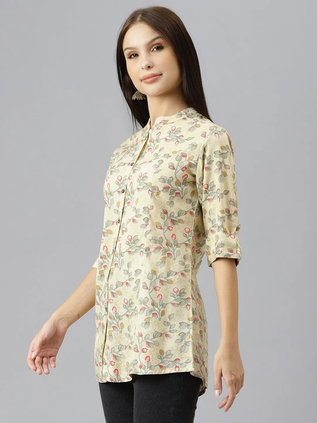 Divena Beige Floral Rayon A-line Shirts Style Top