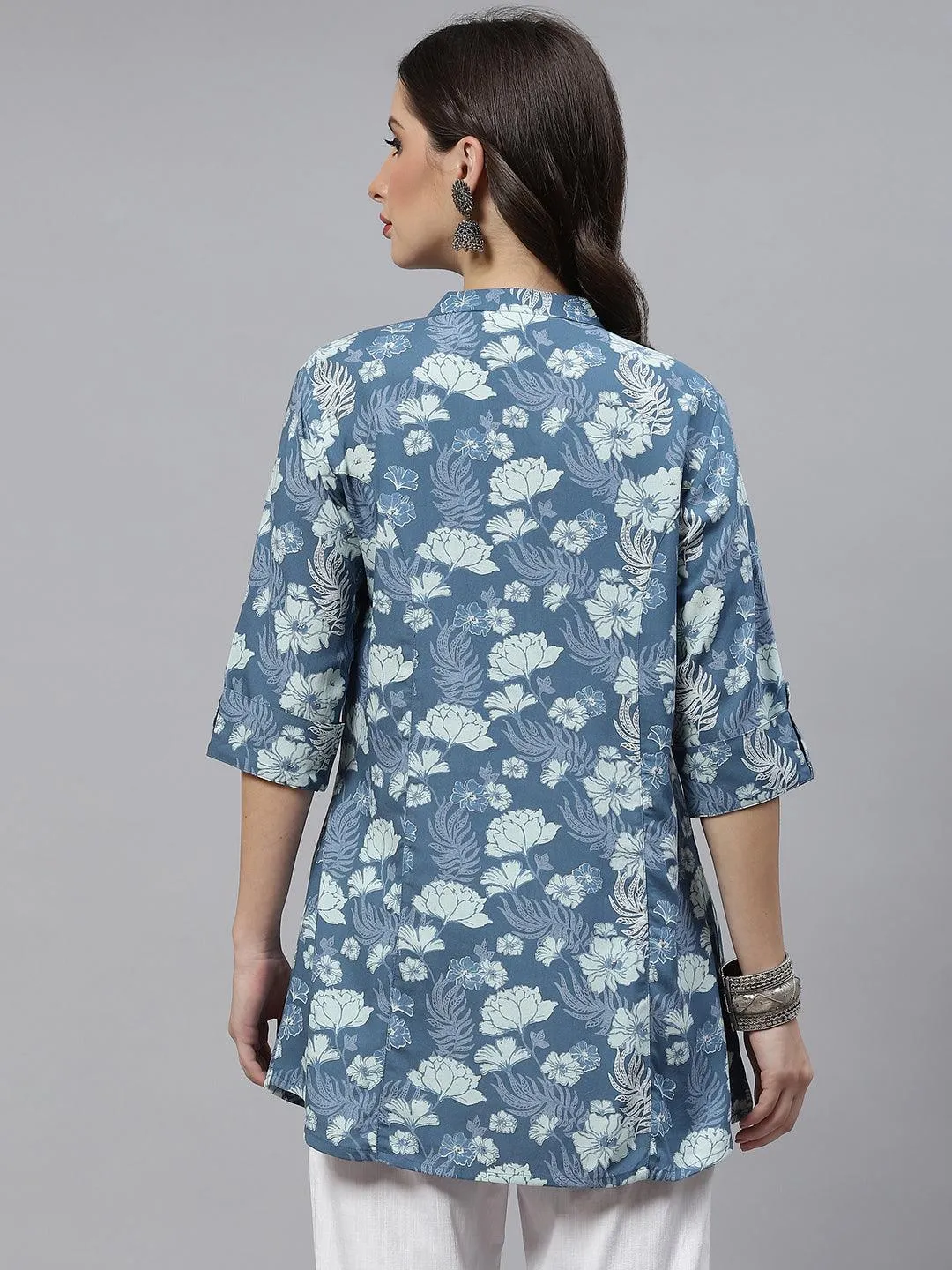 Divena Blue Floral Rayon A-lineTop