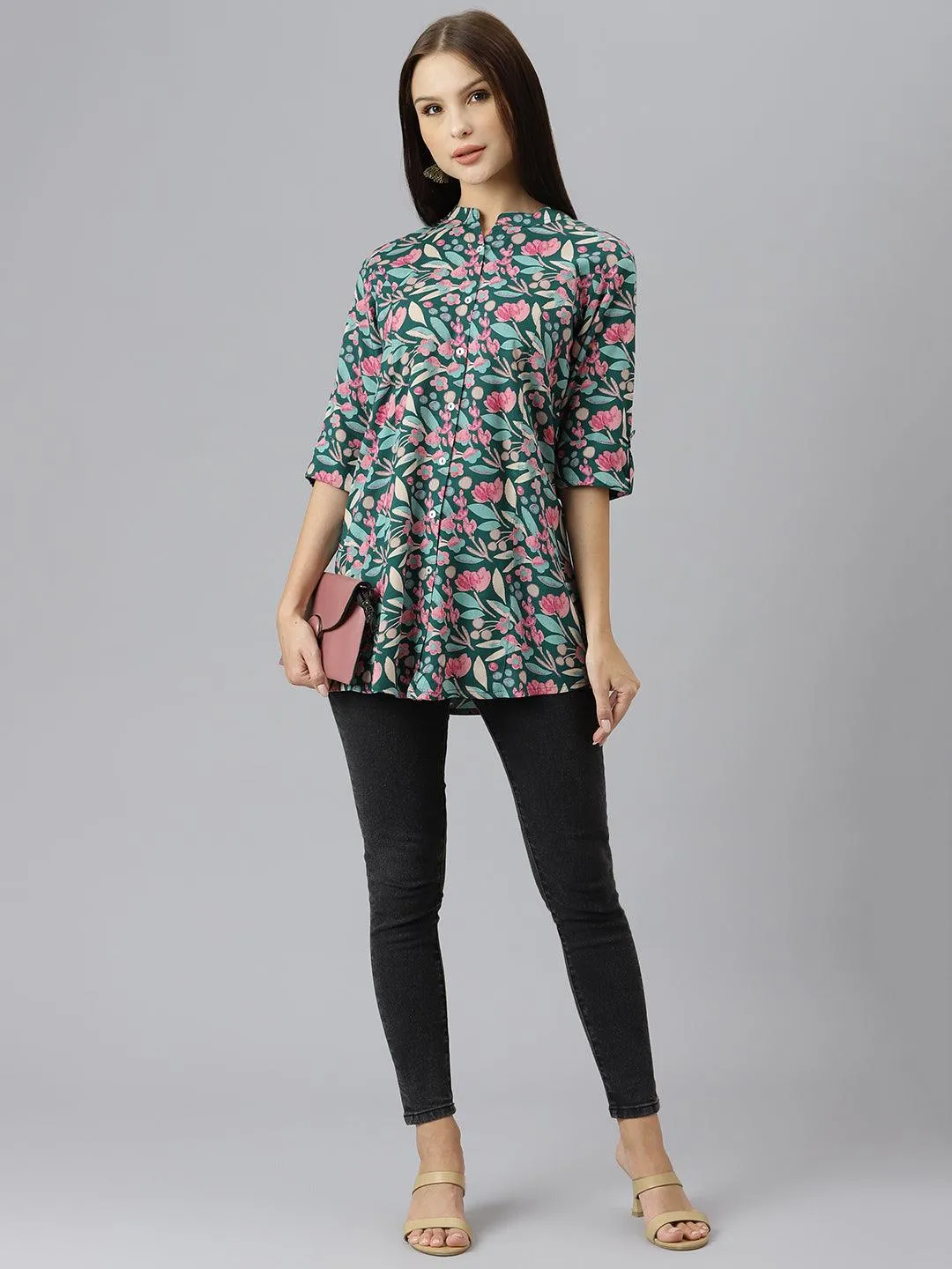 Divena Dark Green Floral Rayon A-line Shirts Style Top