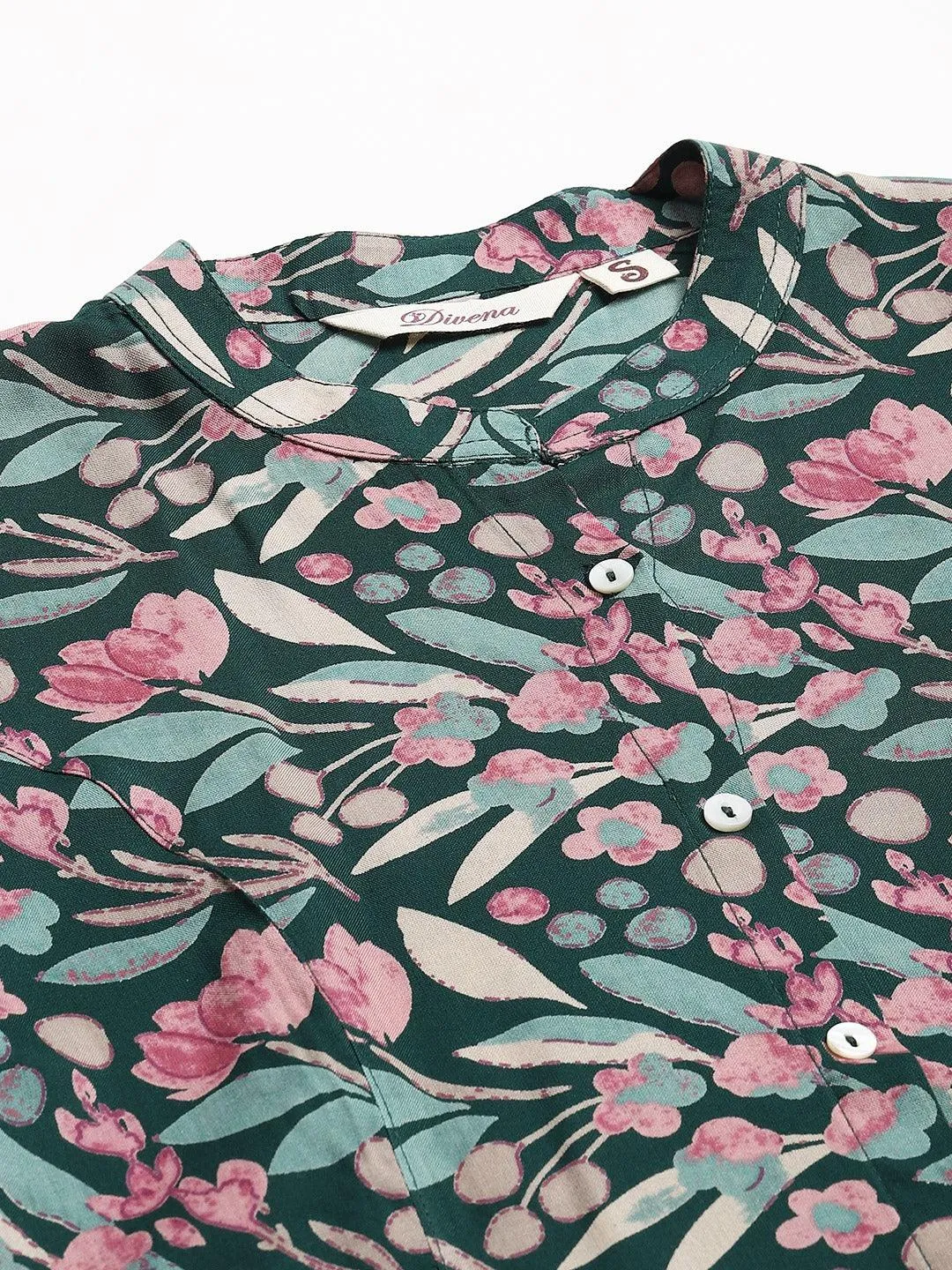 Divena Dark Green Floral Rayon A-line Shirts Style Top