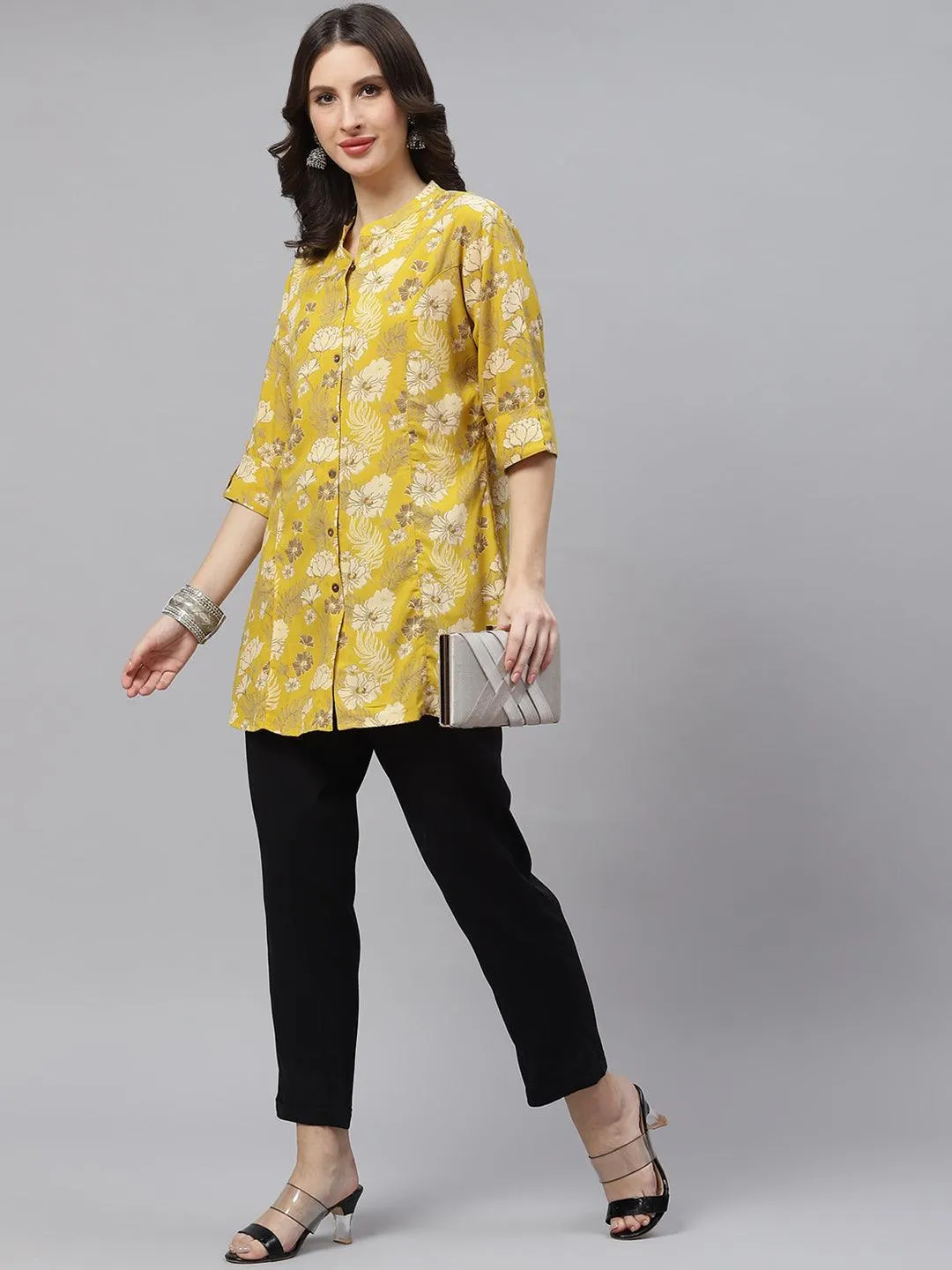 Divena Mustard Floral Rayon A-lineTop