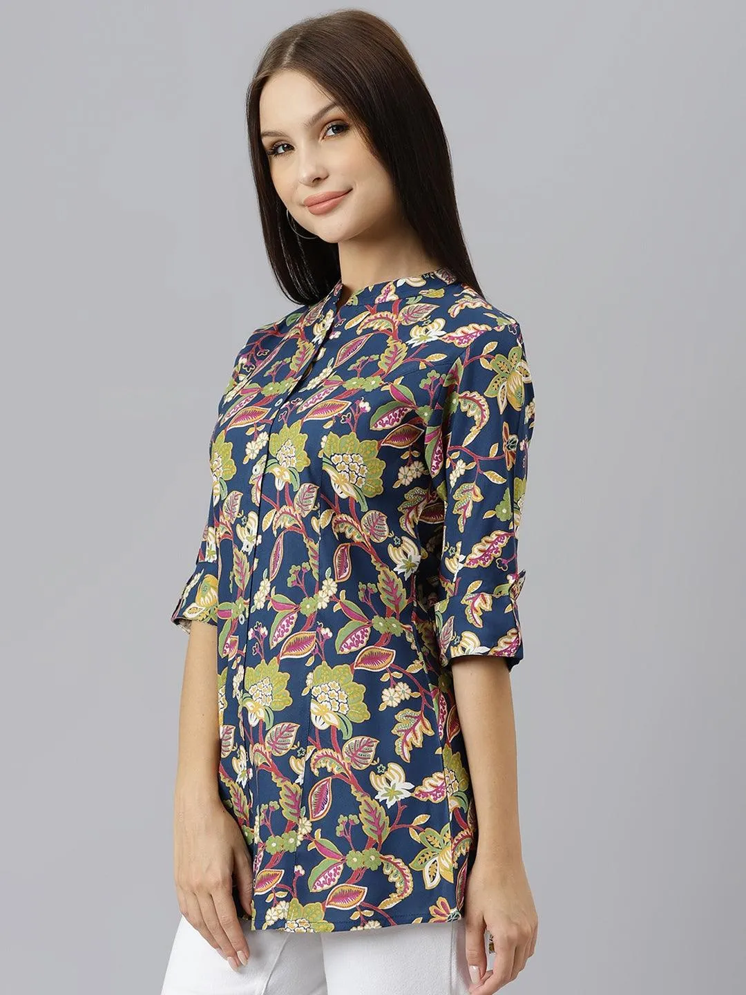 Divena Navy Blue Floral Rayon A-line Shirts Style Top