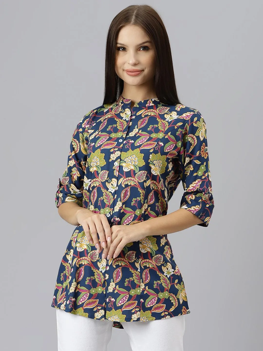 Divena Navy Blue Floral Rayon A-line Shirts Style Top