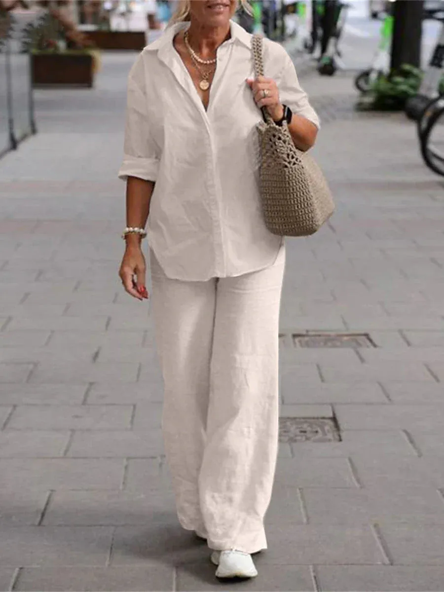 Elegant Simplicity: Women's Linen Loungewear Set with Long Sleeve Shirt and Button Pants