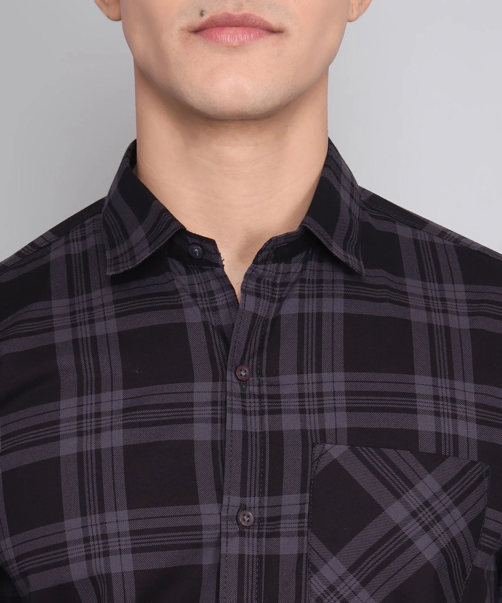 Exclusive TryBuy Premium Black Grey Check Cotton Button-Up Shirt for Men