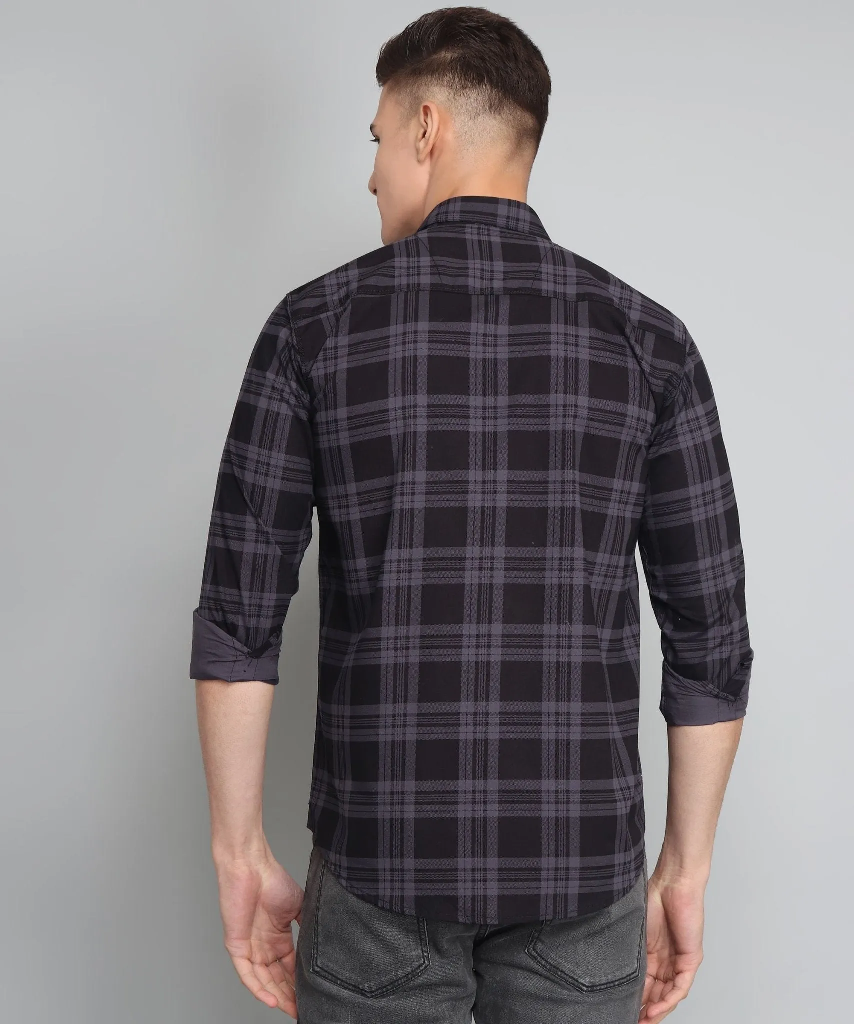 Exclusive TryBuy Premium Black Grey Check Cotton Button-Up Shirt for Men