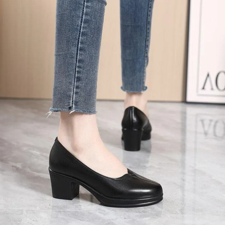 GR323 Fashion Pumps: Leather Women's Casual Shoes With Thick Heels