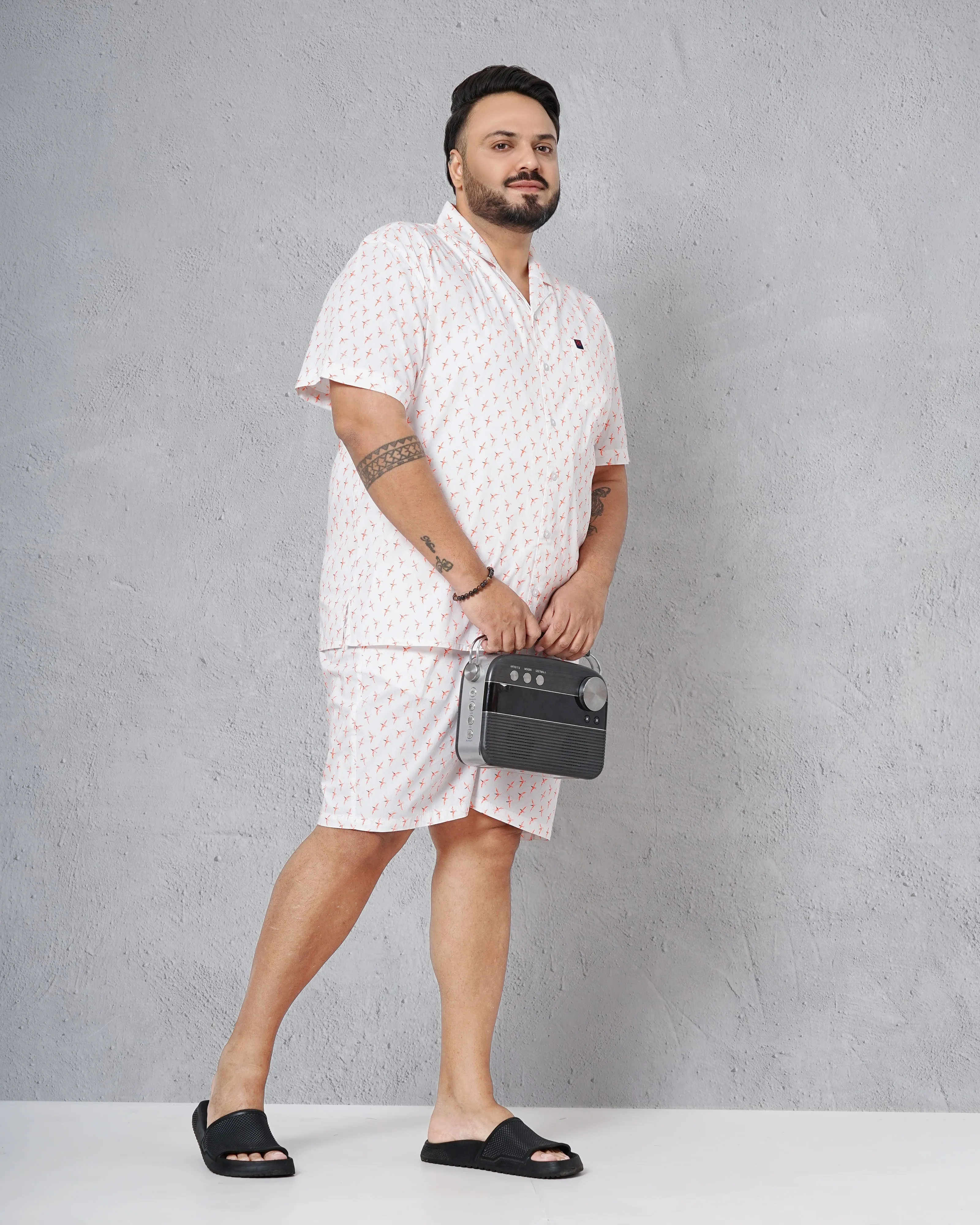 Hardsoda Men White Plus Size Fauna Printed Lounge Set