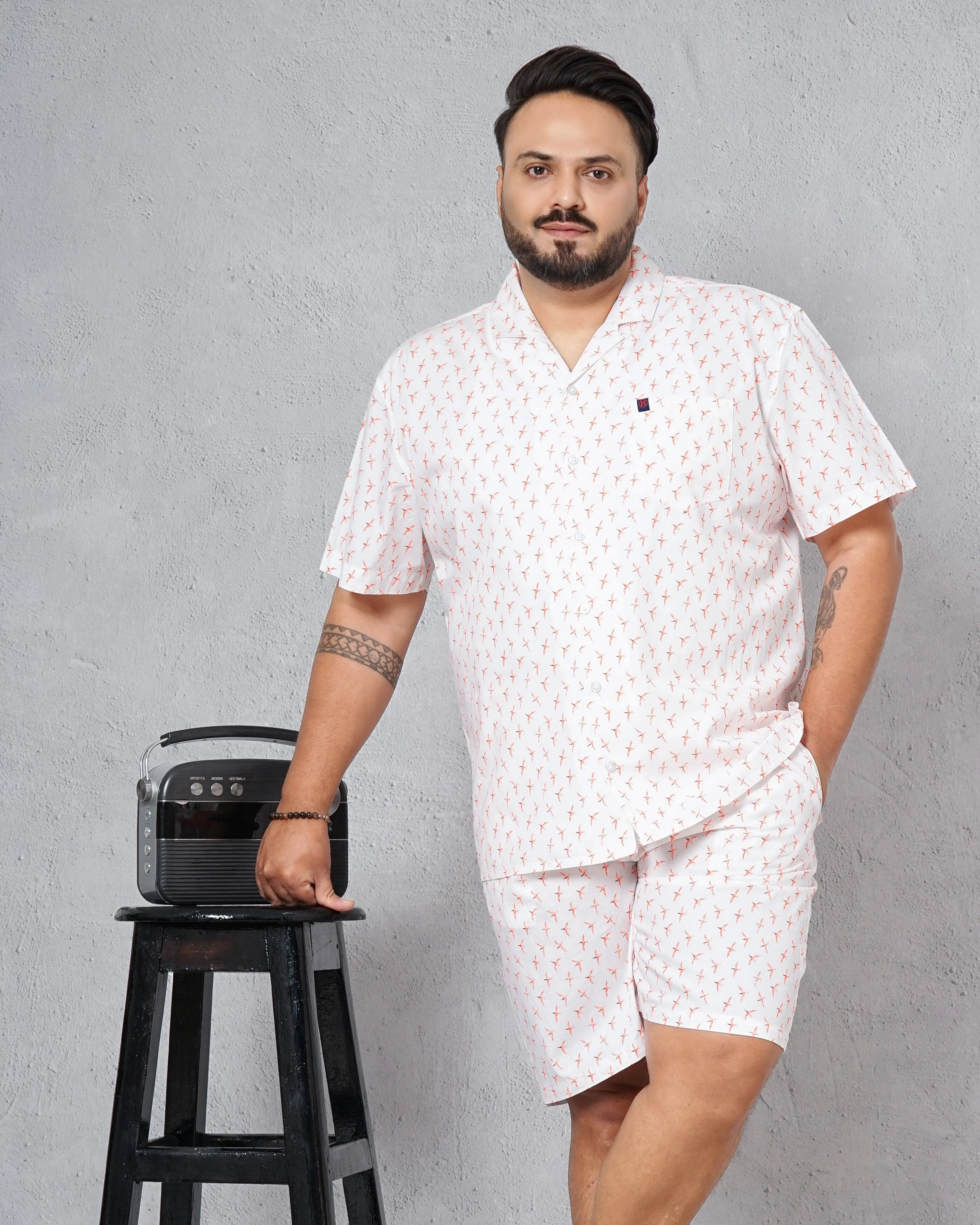 Hardsoda Men White Plus Size Fauna Printed Lounge Set