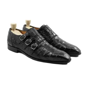 Komlo - Men's Black Crocodile Printed Calf Leather Tripple Monkstrap