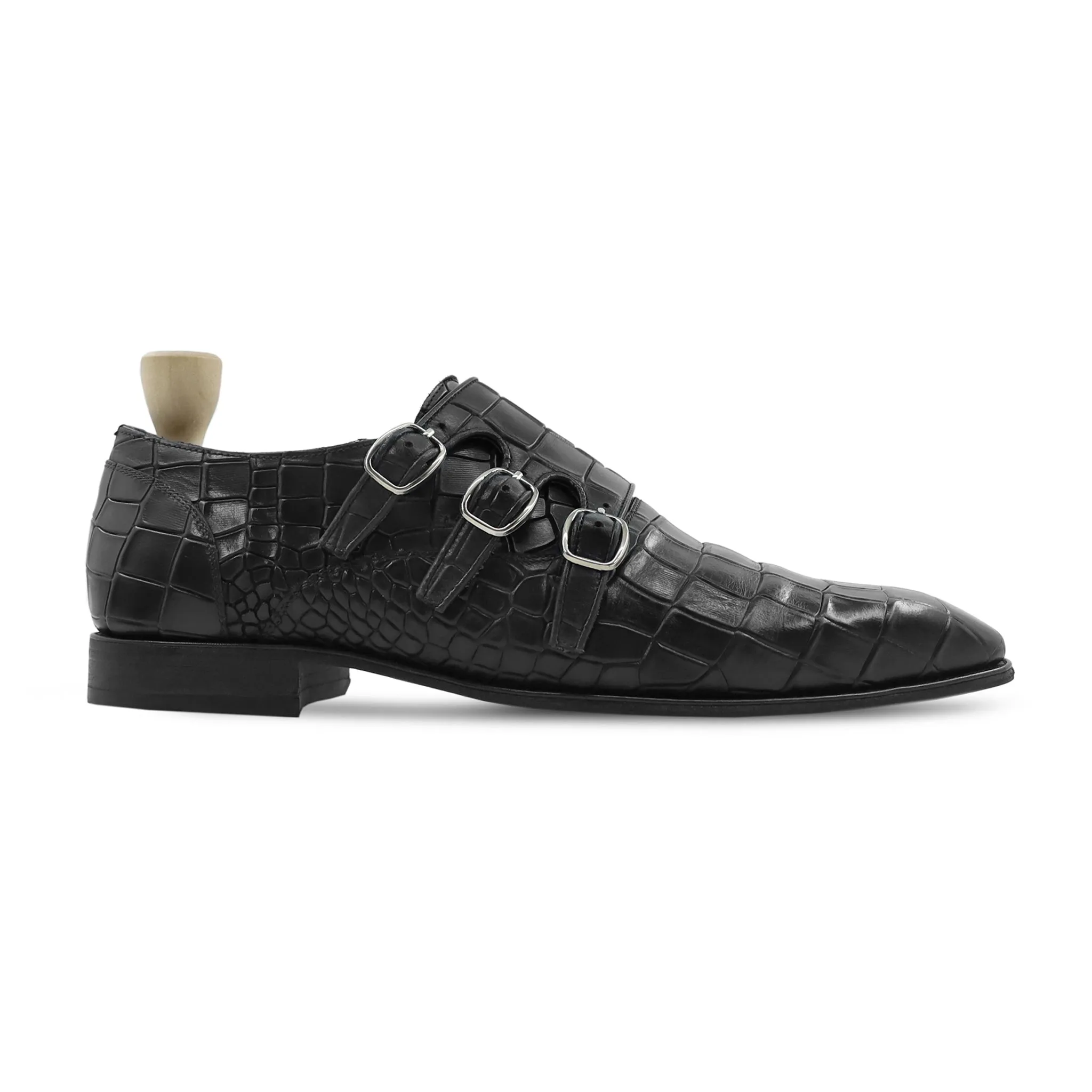 Komlo - Men's Black Crocodile Printed Calf Leather Tripple Monkstrap