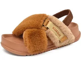 KuaiLu Womens Fuzzy Cross Band Platform Slippers with Back Strap for Summer, Fluffy Furry Ladies Open Toe Slingback Slide Slippers, Cozy Plush Fleece Comfy House Shoes Sandals Tan 11