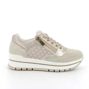 Ladies IGI & Co Lace Up Trainers Sneakers Platform Beige/Gold Combo Zip 5662122