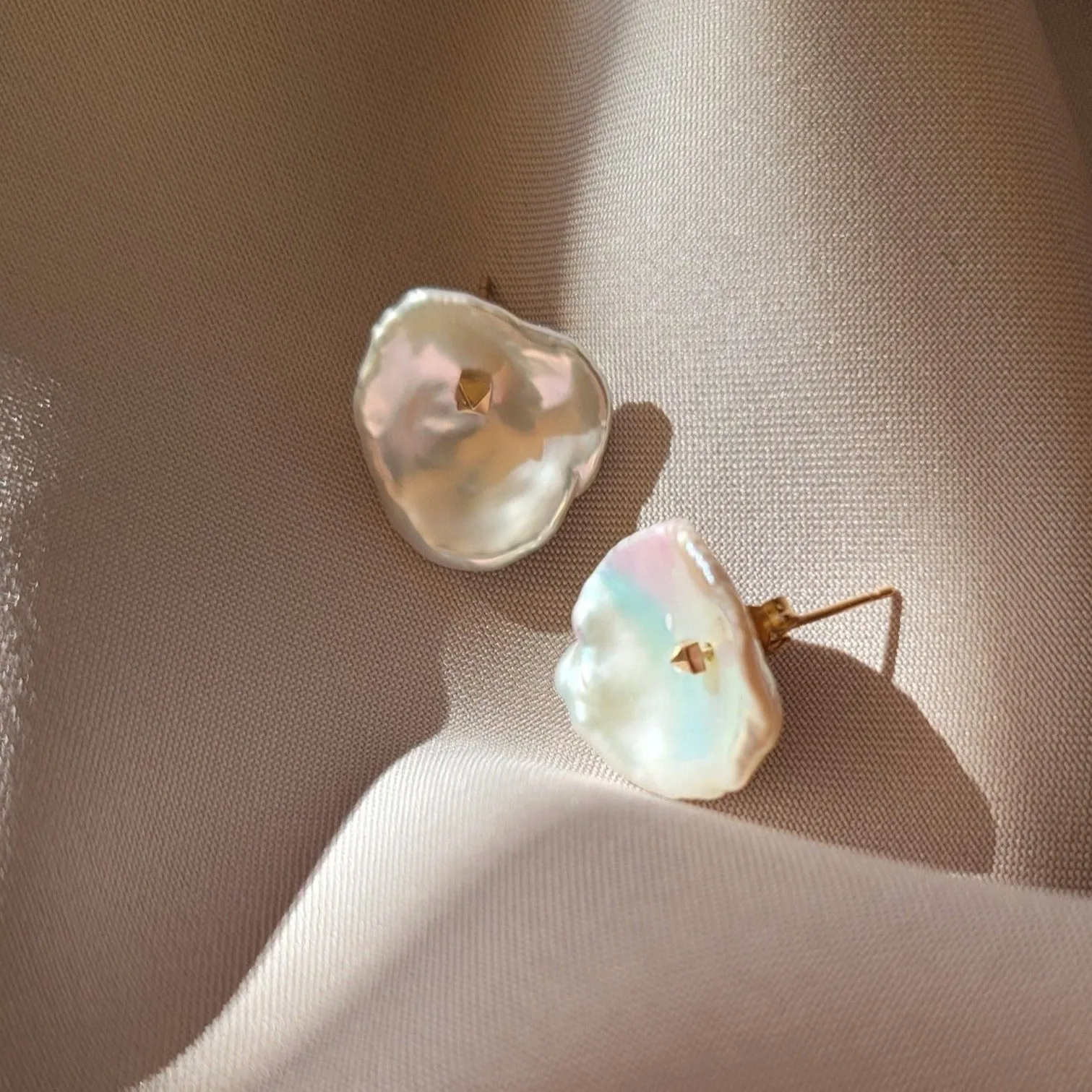 Large Keshi Pearl Petal Stud Earrings with 14k Solid Gold - ONE OF A KIND