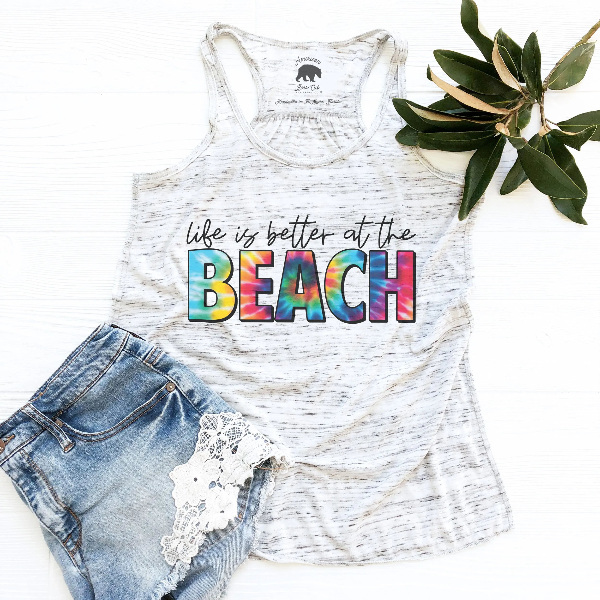 Life is Better At the Beach Tie Dye flowy racerback tank top