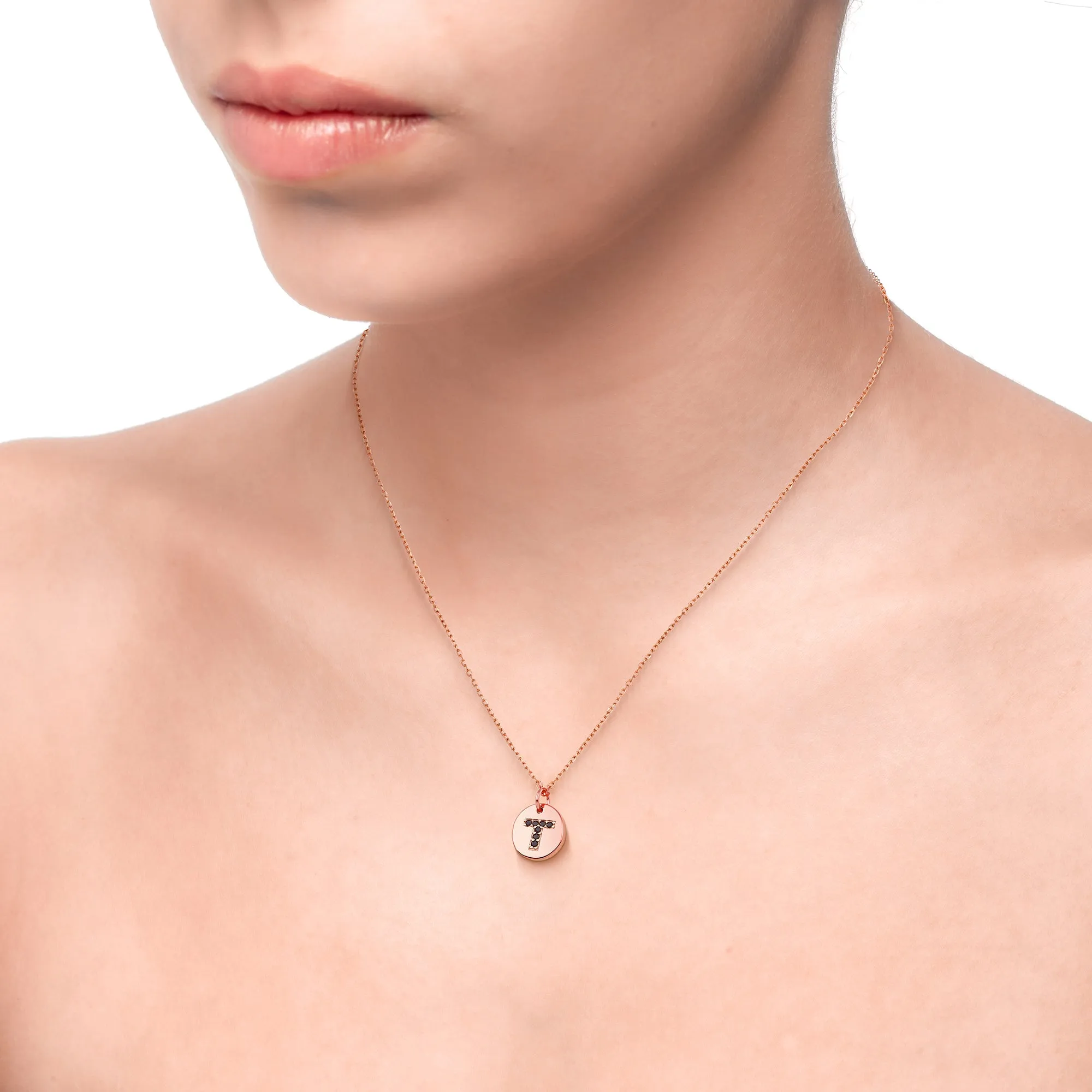 Magna | T Letter Necklace | Black CZ | Rose Gold Plated 925 Silver