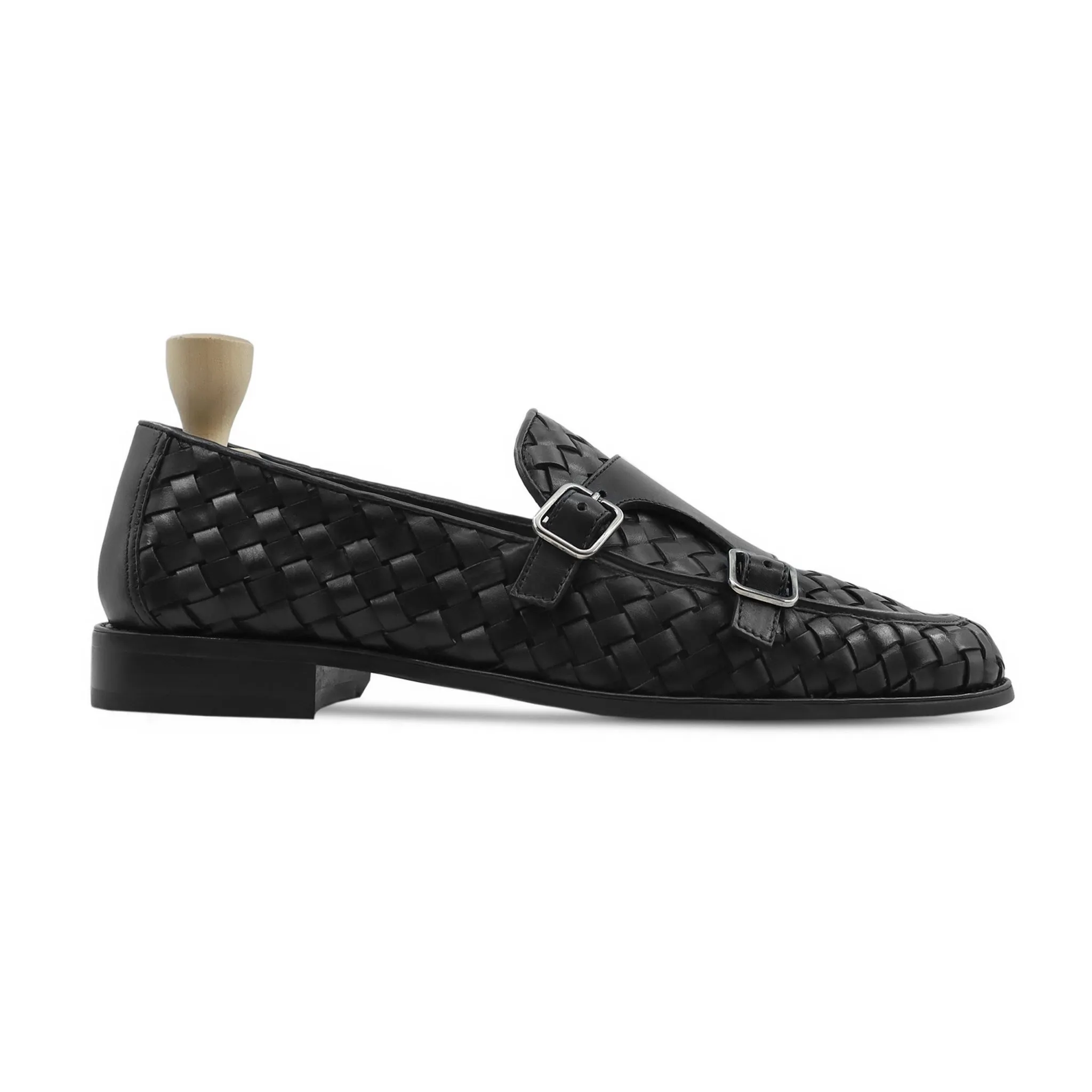 Malite - Men's Black Calf and Hand Woven Leather Double Monkstrap