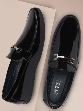 Men Black Patent Leather Horsebit Buckle Formal Loafer Shoes