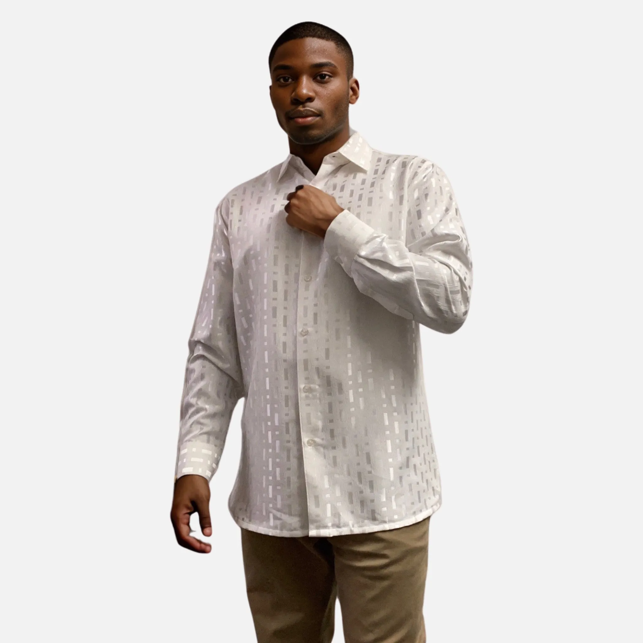 Men's White Tone-on-Tone Long Sleeve Shirt - Relaxed Style