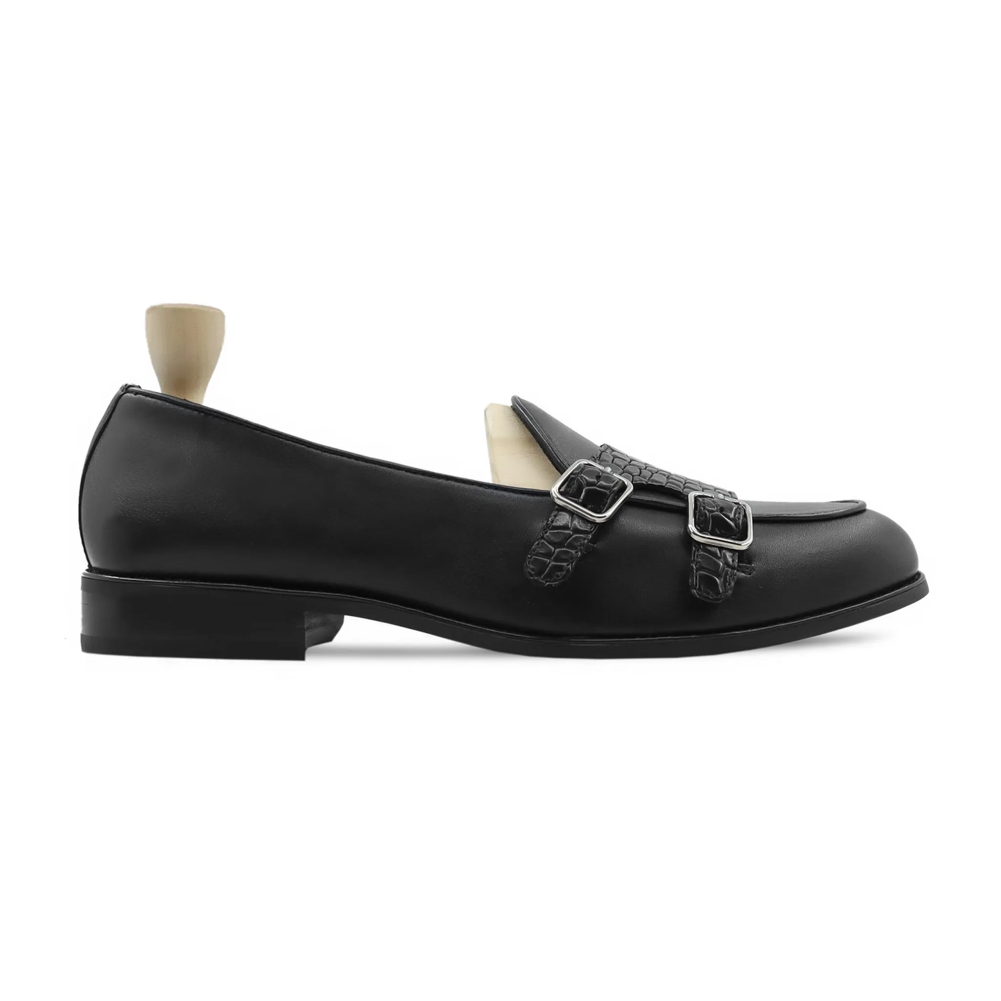 Paterson - Men's Black Calf and Crocodile Printed Leather Double Monkstrap